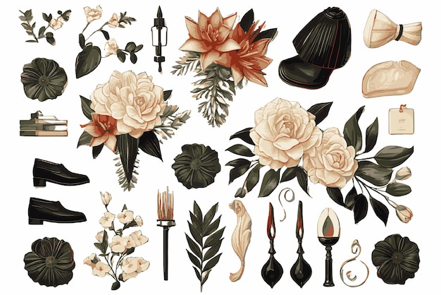 Decoración de bodas, bodas, compromiso, conjunto de iconos, ilustración vectorial, IA generativa