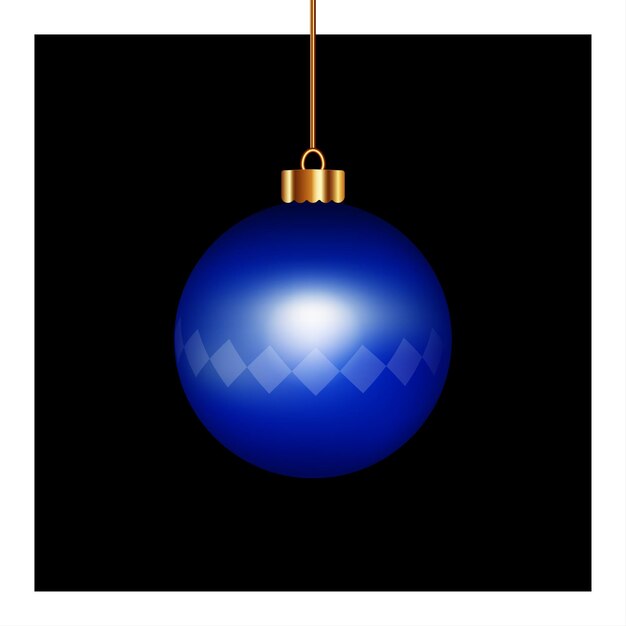 Decoración de bolas de Navidad azul con forma geométrica colgando aislado sobre fondo negro.