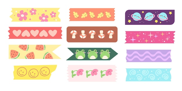 Decoración de cinta adhesiva con estampado para cuadernos y scrapbooking Ilustración vectorial al estilo de dibujos animados kawaii