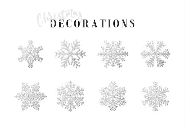 Decoración de copos de nieve Símbolos de Navidad y Año Nuevo. Set 8 copos de nieve diferentes hechos a mano. Objetos de invierno. Elementos festivos. ilustración vectorial