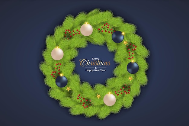 Decoración de corona de Navidad con bolas de Navidad y corona de cinta dorada sobre fondo oscuro