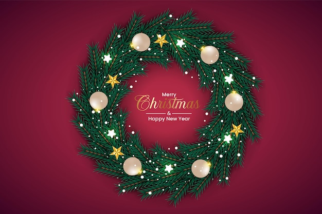 Decoración de corona de Navidad con bolas de Navidad y corona de cinta dorada sobre un fondo rojo