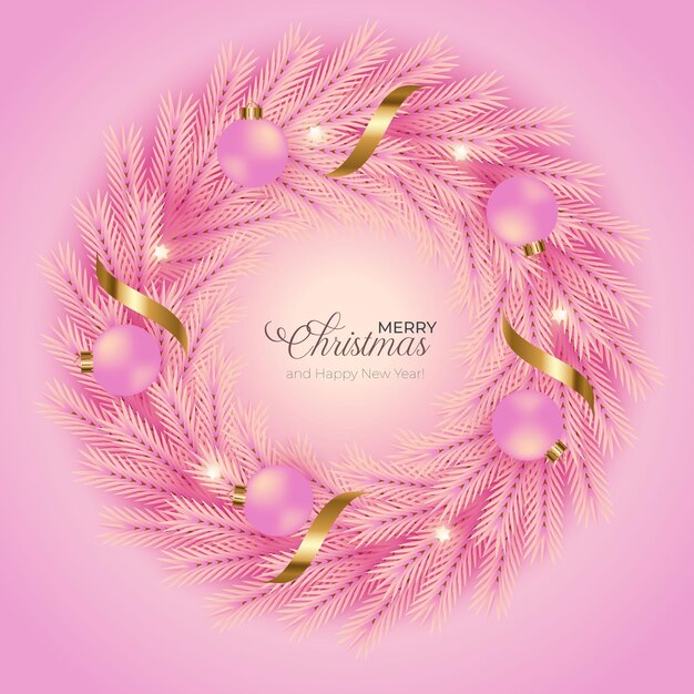 Decoración de corona de Navidad con fondo rosa rama de pino rosa y bola de Navidad
