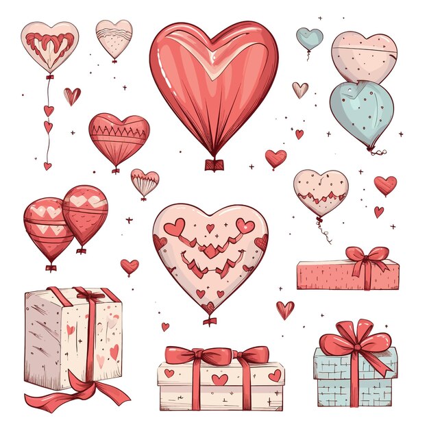 Decoración del día de San Valentín dibujada a mano Ilustración vectorial de dibujos animados Clipart Fondo blanco