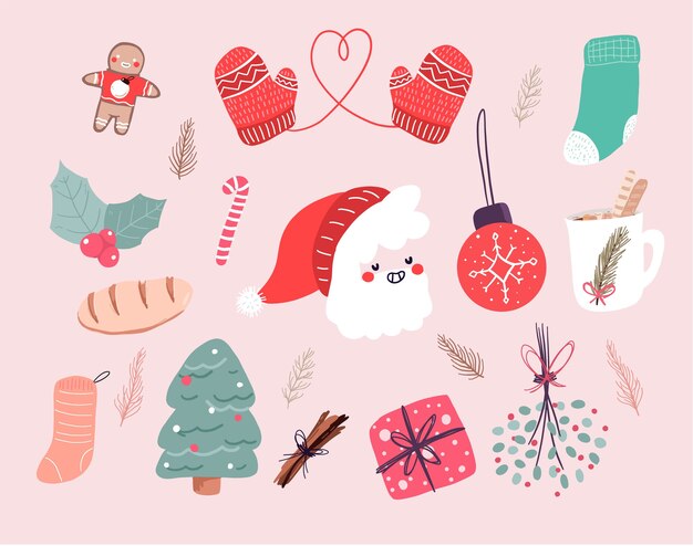 Decoración de elementos de dibujos animados lindo Navidad set diseño de etiqueta