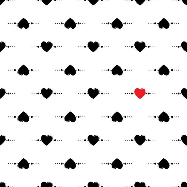 Decoración festiva para el Día de San Valentín. Linda impresión de línea simple. Patrón blanco y negro sin inconvenientes con corazones dibujados a mano. Ilustración plana vectorial para envolver papel, textil y diseño.