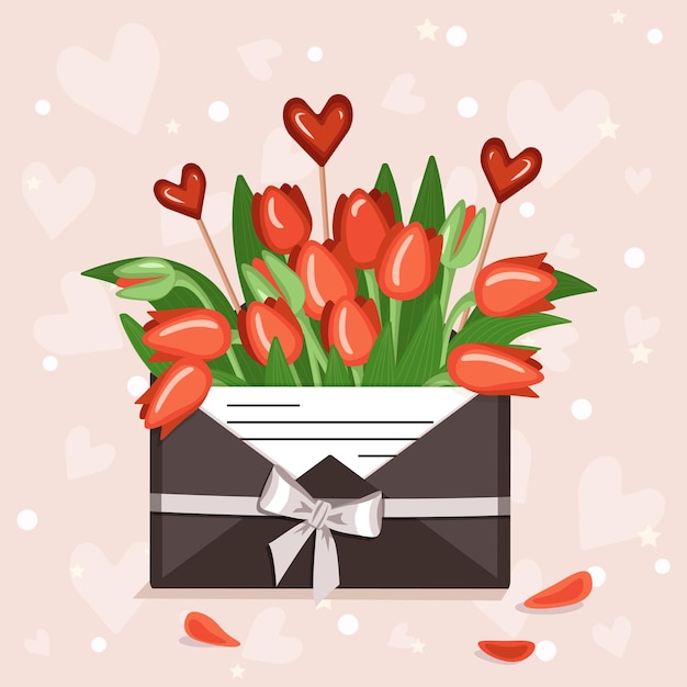 Decoración festiva del día de San Valentín Tulipanes en sobre con nota de amor y colgantes de corazones