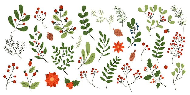 Decoración floral con temática navideña conjunto de objetos vectoriales de color plano