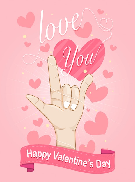 La decoración del fondo del día de tarjetas del día de San Valentín con la muestra y el texto de la mano le ama.