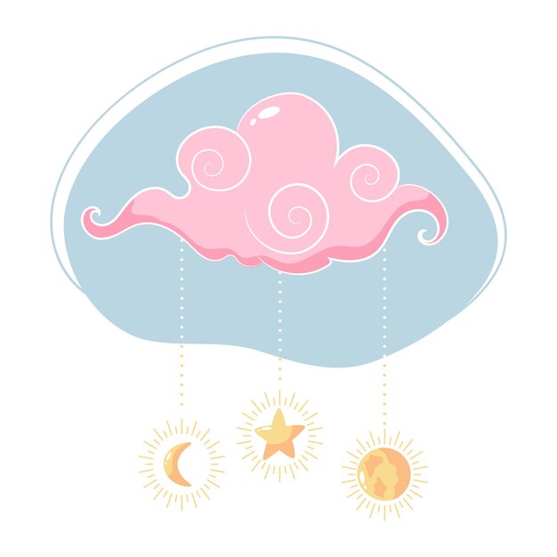 Decoración de garabateo de nubes del cielo con media luna de estrellas y colgantes de planetas