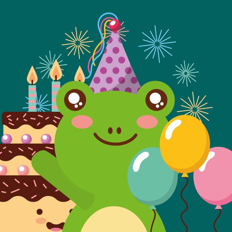Vector decoración de globos de linda rana y velas dulces de la torta