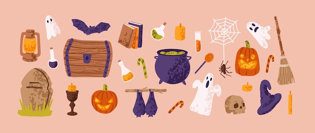 Decoración de Halloween espeluznante Decoraciones de la fiesta de Halloween Fantasmas calabazas sombrero de bruja Elementos festivos espeluzgantes murciélagos aterradores tela de caldero con araña Ilustración vectorial aislada plana dibujada a mano