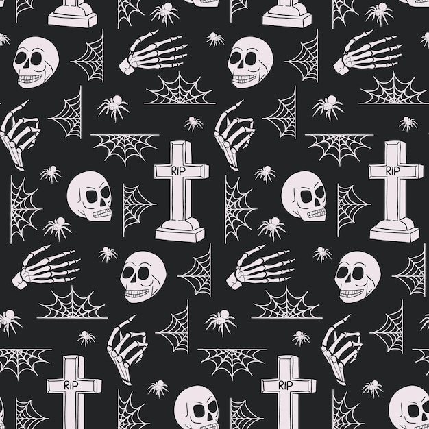 Decoración de halloween muy aterradora de patrones sin fisuras Diseño de terror en blanco y negro para la fiesta de halloween