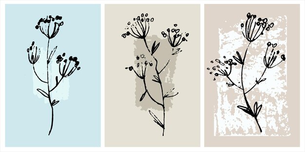 Decoración del hogar arte de línea imprimible Conjunto de pinturas vectoriales dibujadas a mano de flores sobre fondos con texturas de pincelada Diseño contemporáneo para impresiones carteles tarjetas textiles
