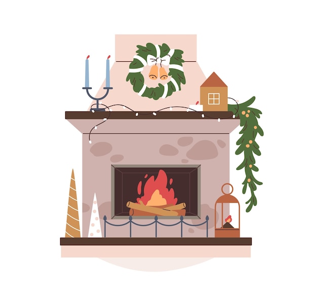 Decoración del hogar de la chimenea de Navidad Caminera de vacaciones de Navidad con ornamento en la chimenea corona de abeto rama de vela linterna chimenea festiva Ilustración vectorial plana aislada sobre fondo blanco