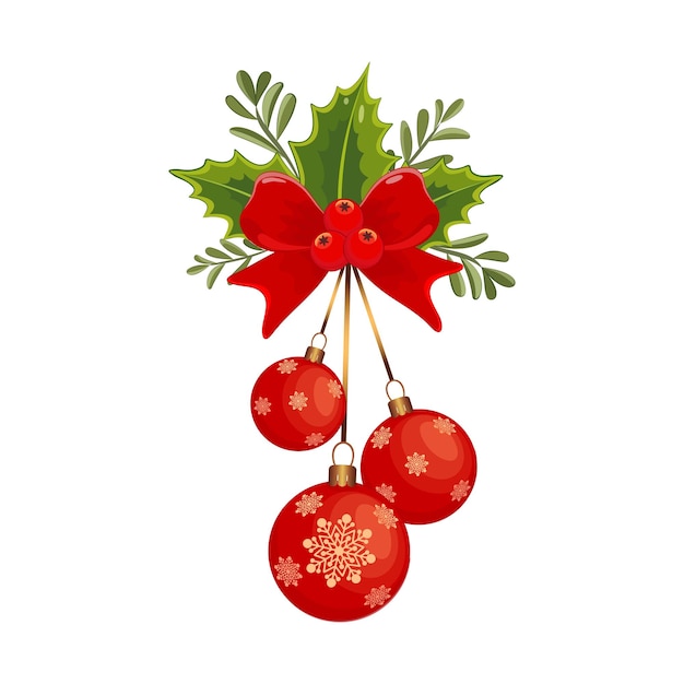 Decoración de juguete navideño con una bola de oro, hojas de acebo y arco rojo Celebración estacional Ilustración vectorial