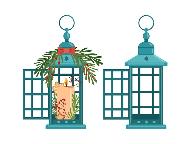 Decoración de linternas navideñas de invierno en diseño vectorial plano