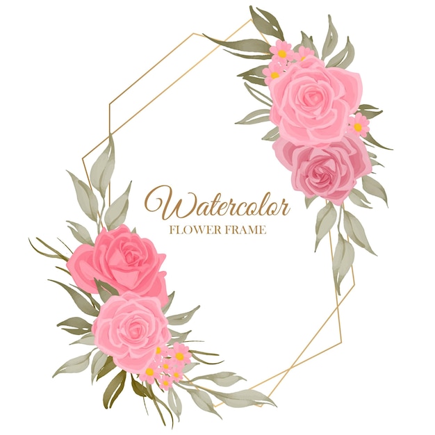 Decoración de marco de acuarela de flor rosa con línea geométrica dorada