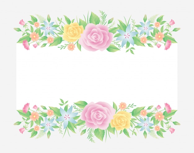 Decoración de marco floral. Rosa flores con hojas