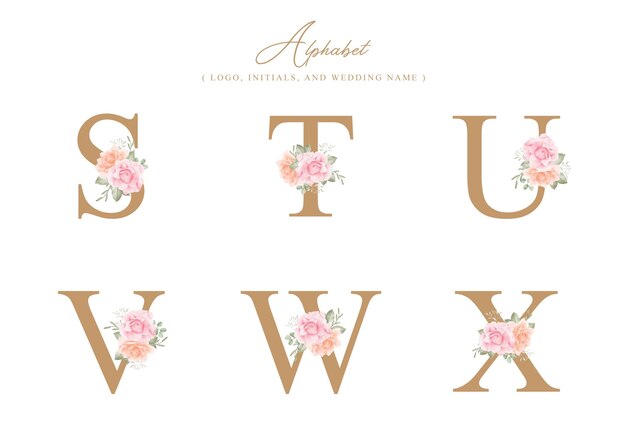 Vector decoración minimalista del alfabeto stuvwx con acuarela floral para el nombre inicial de la boda del logotipo