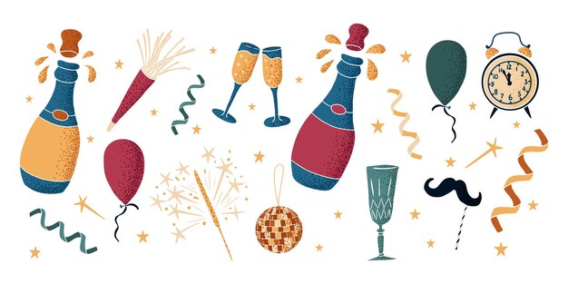 Decoración minimalista de fiesta de Año Nuevo dibujada a mano Elementos aislados de vector plano con textura punteada