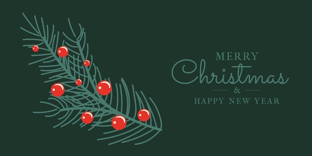 Decoración moderna elegante de Navidad y Feliz Año Nuevo Banner con rama de abeto y bayas en verde