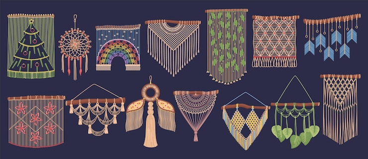 Vector decoración moderna de macrame colgantes de pared con patrones hechos de cuerdas estilo rústico escandinavo adornos de tejer cuerdas hechos a mano cazador de sueños boho decoraciones de punto conjunto vectorial reciente