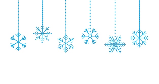 Decoración de Navidad y fondo de año nuevo con copos de nieve colgados sobre fondo blanco