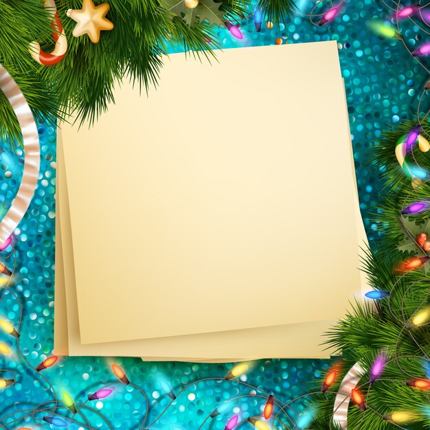 Decoración de Navidad con fondo de confeti azul.