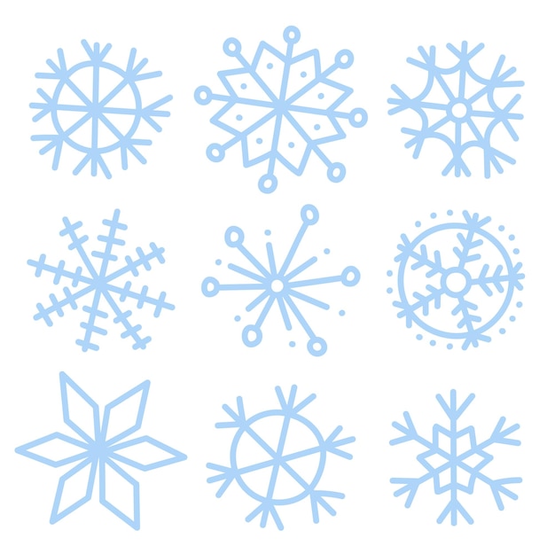Decoración de Navidad de invierno dibujada a mano de siluetas de copos de nieve azules sobre fondo blanco