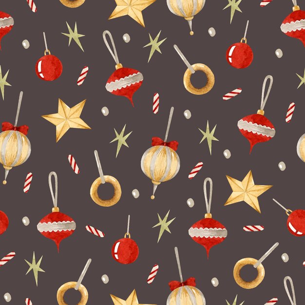 Decoración de Navidad juguetes acuarela de patrones sin fisuras sobre fondo oscuro
