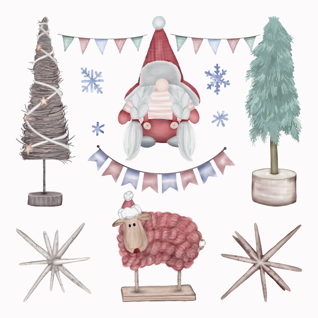 Decoración navideña con árboles, ovejas y gnomos