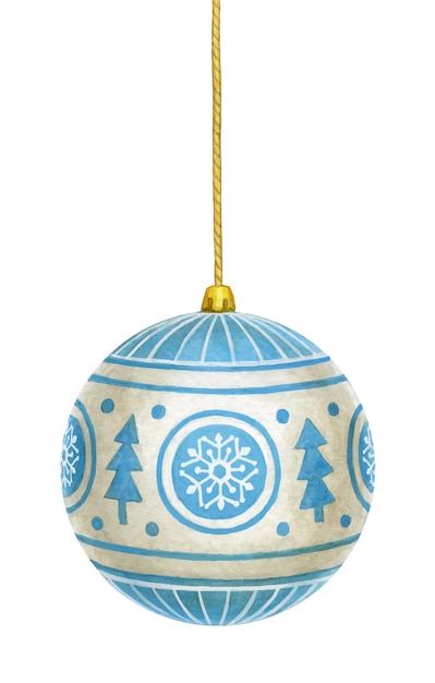 Decoración navideña. Bola colgante azul con copos de nieve y patrón de abeto. Ilustración acuarela