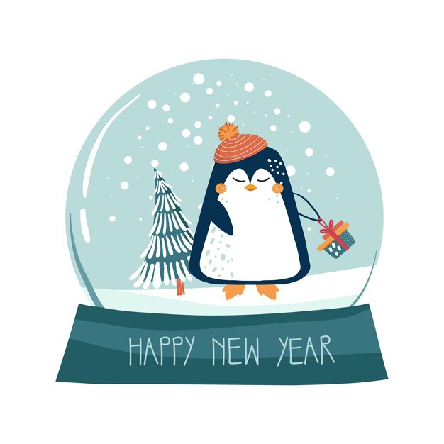 Decoración navideña ilustración vectorial de bola de nieve de cristal con pingüino y árbol de navidad