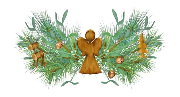 Decoración navideña de juguetes de madera campanas de tintineo ilustración digital aislada en blanco ángel de Navidad ciervo árbol dibujado a mano muérdago con rama de pino Diseño para el comercio de tarjetas de felicitación de paquete