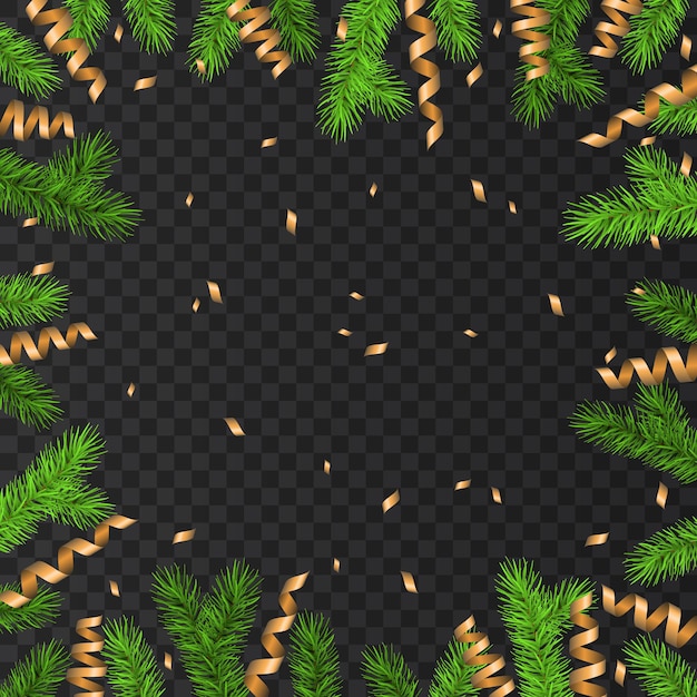 Decoración navideña con rama de abeto, serpentina dorada y confeti sobre fondo transparente. Abeto verde. Marco de vector para tarjetas de Navidad, pancartas, carteles de fiesta de año nuevo.