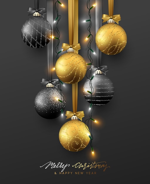 Decoración navideña tradicional, colgando de cintas de bolas de navidad en colores dorado y negro y guirnaldas de luces navideñas. Vista realista del objeto aislado sobre fondo oscuro. ilustración vectorial