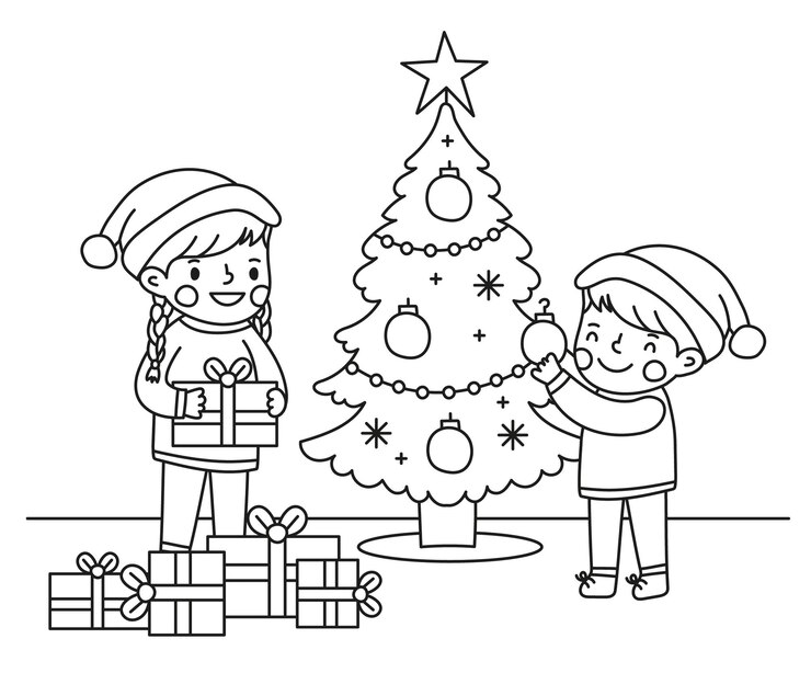 Vector decoración de niño y niña árbol de navidad ilustración de dibujo de línea vectorial