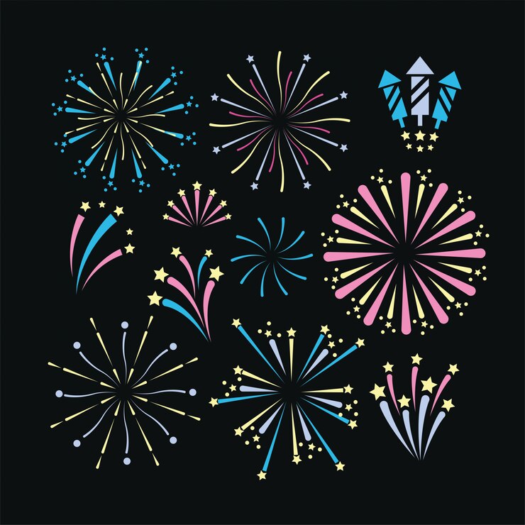 Vector decoración nocturna de fuegos artificiales para celebrar vacaciones.