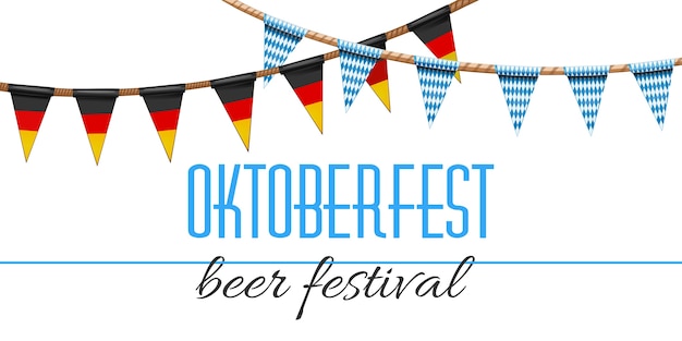 Vector decoración de oktoberfest. fiesta de la cerveza decorada con los colores tradicionales de las banderas alemana y bávara. guirnaldas con estampado de cuadros azul-blanco y tricolor alemán.
