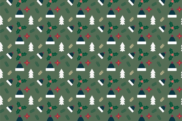 Decoración de patrón de fondo de Navidad con hojas de pino y sombreros de invierno Vector de patrones sin fisuras de Navidad sobre un fondo verde Diseño de elemento de patrón de Navidad para envolver papeles y portadas de libros