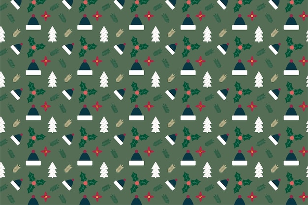 Decoración de patrón de fondo de Navidad con hojas de pino y sombreros de invierno Vector de patrones sin fisuras de Navidad sobre un fondo verde Diseño de elemento de patrón de Navidad para envolver papeles y portadas de libros