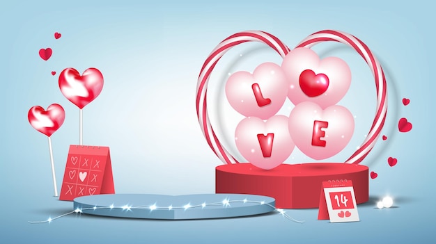 Vector decoración del podio del escenario con dulces en forma de corazón globos de amor calendario día de san valentín