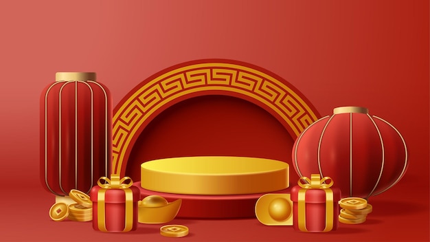 Decoración del podio de exhibición del Año Nuevo chino Con fondo con ornamento chino Ilustración vectorial 3D