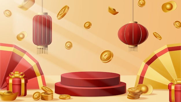Decoración del podio de exhibición del Año Nuevo chino Con fondo con ornamento chino Ilustración vectorial 3D