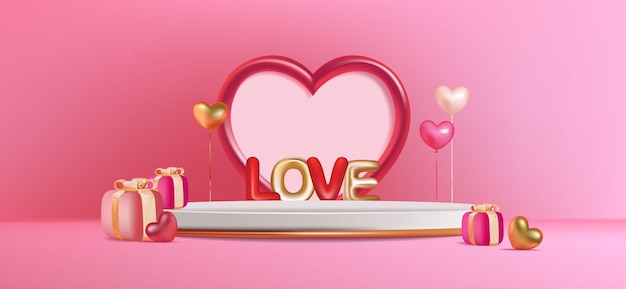 Vector decoración de podio feliz día de san valentín con globo en forma de corazón, caja de regalo, confeti, ilustración
