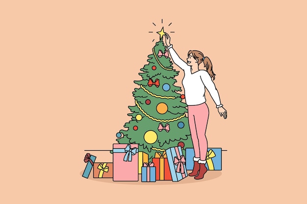 Decoración y preparación para el concepto de vacaciones de invierno. Niña sonriente de pie decorando el árbol de Navidad y recogiendo regalos de año nuevo en cajas de colores ilustración vectorial