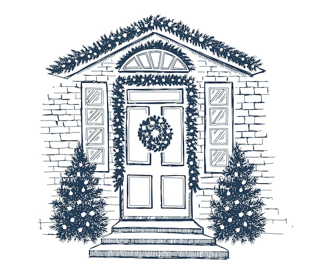 Vector decoración de la puerta. banner de cartel de tarjeta de navidad. ilustración dibujada a mano. vector.