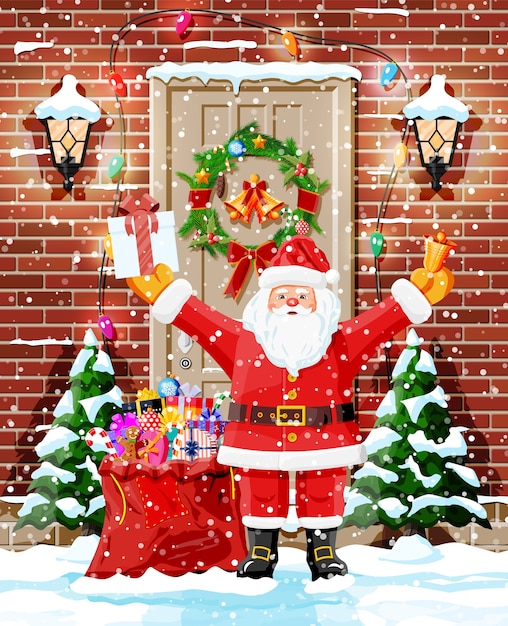 Vector decoración de puerta navideña con santa y árboles.