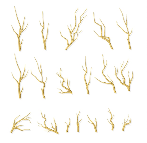 Decoración ramas doradas de árboles con destellos. Elemento decorativo dorado, objeto vectorial aislado.